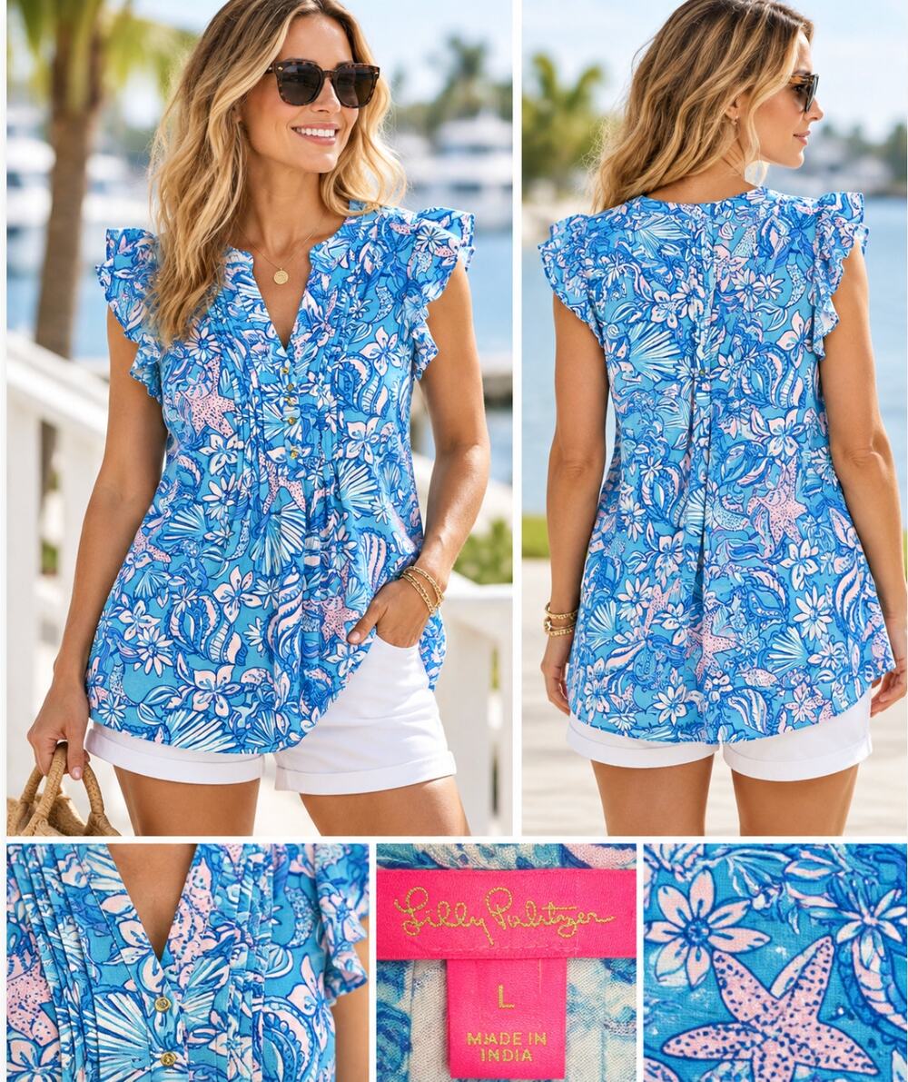 Lilly Pulitzer Cotton Tunic Top L Blue Seashell Starfish Coastal Resort Ruffle